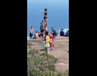 Four people balance photoshoot at Pedra Bonita
