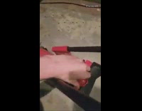 Red log splitter machine makes noise backyard 