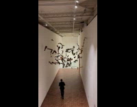 Woman in suit poses hanged art exhibit