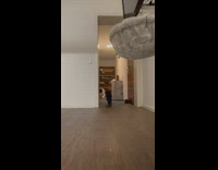 Small black cat walks through house trotting meows