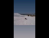 Skier does a backflip and crashes down slope, ma in red plaid shirt and orange goggle laughs