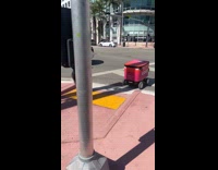 White car hits delivery robot on crosswalk