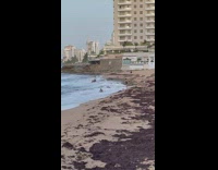 Guy sit on beach hit by waves