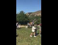 woman holds four puppets in park