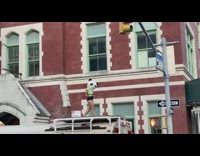 Panda mascot mask girl dances school bus 