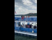 Group tiktok dance top floor of boat