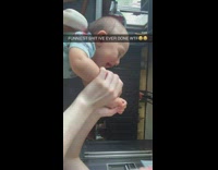 Mom falls off chair baby looks around stunned 