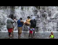 Leopard print bikini girl waterfall flat rock