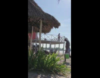 Woman bikini model walk dance beach deck