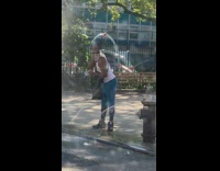 Guy black fire hydrant water white bird