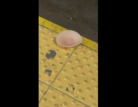 A fake plastic boob on the floor subway station
