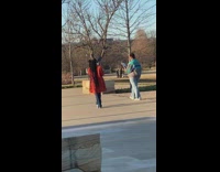 Woman striped jacket hold read book park