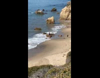 Girl poses on beach shore rocks