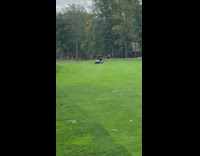 Guy hits golf ball by cart grass