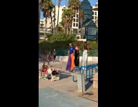 Three people dance tiktok stilts long pants