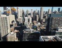 Drone fly though city buildings construction crane