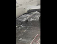 Airport employee does pushups under plane 