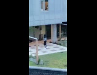 Grey shirt black pants girl dances rooftop 