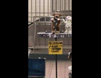 Guy with dancing animal dolls plays saxophone 