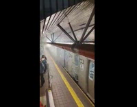 Small explosion on side of train when it hits a wheelchair