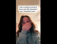 Girl knocks over red candle wax everywhere