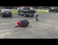 Chubby guy races old guy but chubby guy falls