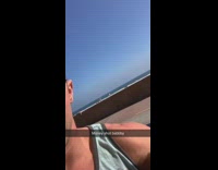 Man selfie Woman bikini jump shot beach