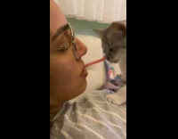 Cat lick jelly bean in woman mouth
