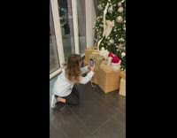 Girl photographs white dog by christmas tree 