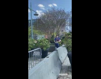 Blue shirt black hat guy plays bagpipes 