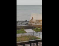 Girl beanie checkered jacket on rocks bay