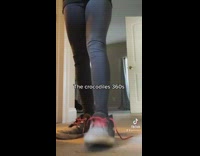 Woman tries on dads shoes 