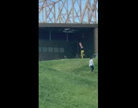 Girl yellow pants dance tiktok metal structure