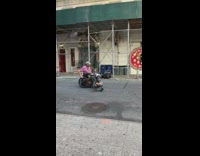 Man on wheelchair pushes his orange cat on a stroller down the street