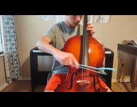 Kid plays a cello instrument with a clothes hanger