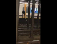 Guy on platform with long grabber tool 