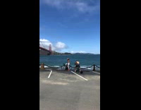 Girl white pants ride bike red bridge