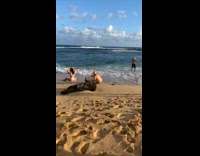 Woman white bikini hands on head beach pictorial