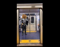 Person in lion with armor inside train