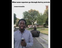 Guy reports news gets interrupted stop sign 