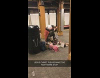 Scary singing subway guy with animal in pink costume and pink balloon tied to head