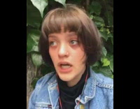 Girl upset hair cut mushroom bowl