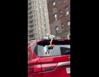 Buzz and woody behind of red SUV