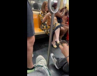 Woman scratch shirtless man hair in train