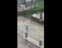 Girl blue shirt selfie video boat docks hurricane