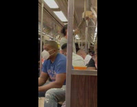 Guy lifts bird up to metal railing on subway 