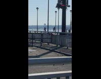 Girl does squats black gate wood pier  