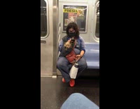 Weird looking dog on subway in bag