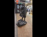 Guy black trash bag over head subway 