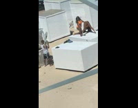 Two women orange bikini twerk white rectangle